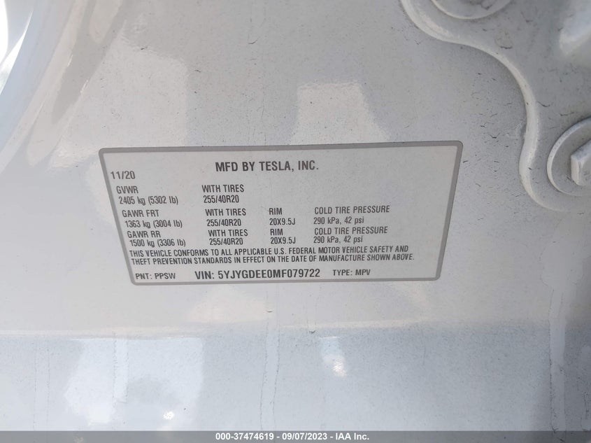 VIN 5YJYGDEE0MF079722 2021 TESLA MODEL Y LONG RANGE