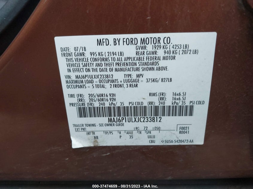 VIN MAJ6P1ULXJC233812 2018 FORD ECOSPORT SE