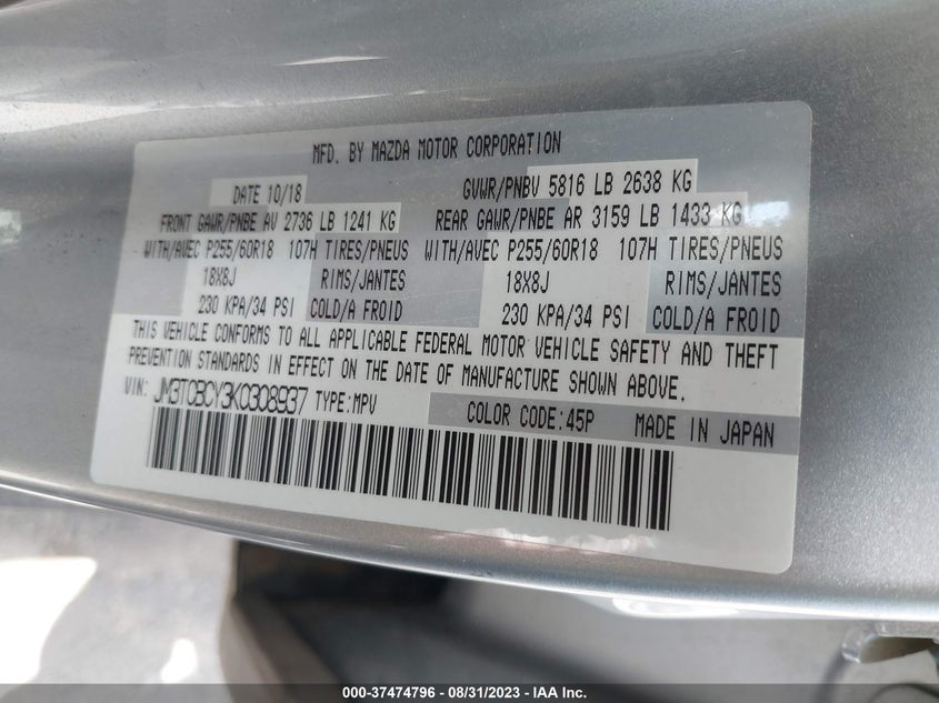 VIN JM3TCBCY3K0308937 2019 MAZDA CX-9 TOURING