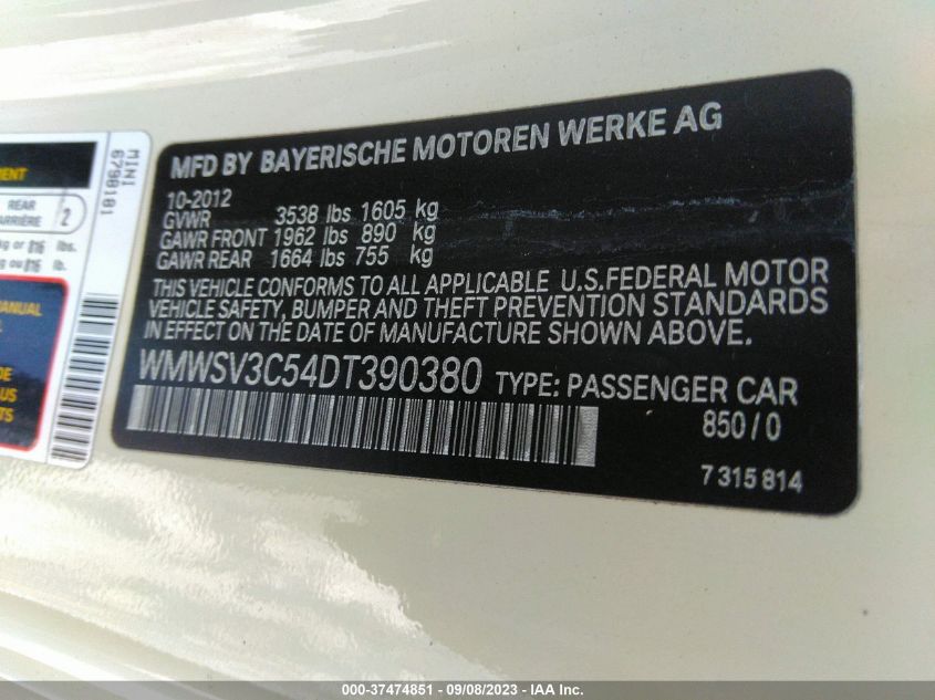 2013 MINI COOPER HARDTOP S - WMWSV3C54DT390380