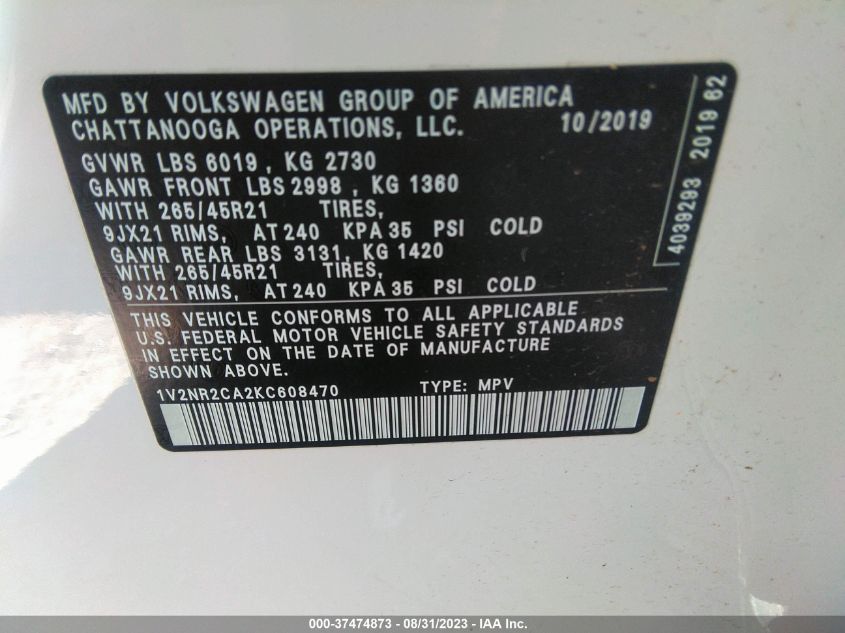 2019 VOLKSWAGEN ATLAS 3.6L V6 SEL PREMIUM - 1V2NR2CA2KC608470