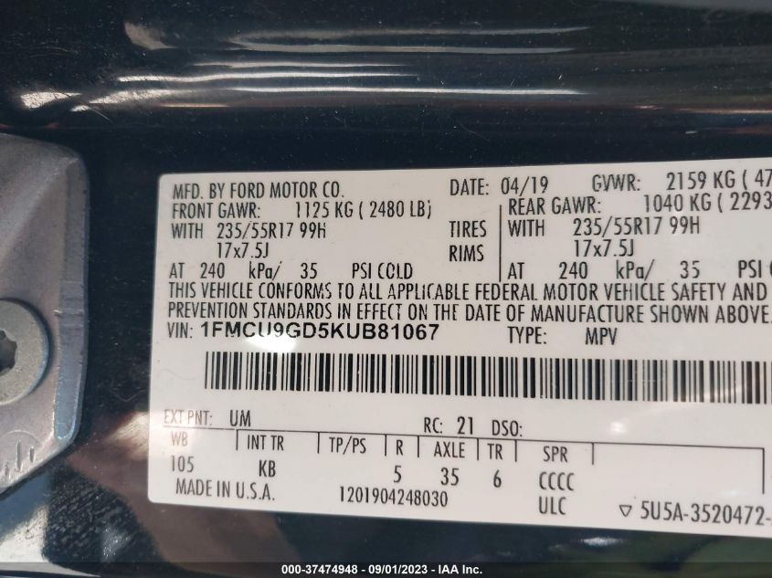 1FMCU9GD5KUB81067 2019 FORD ESCAPE, photo no. 9