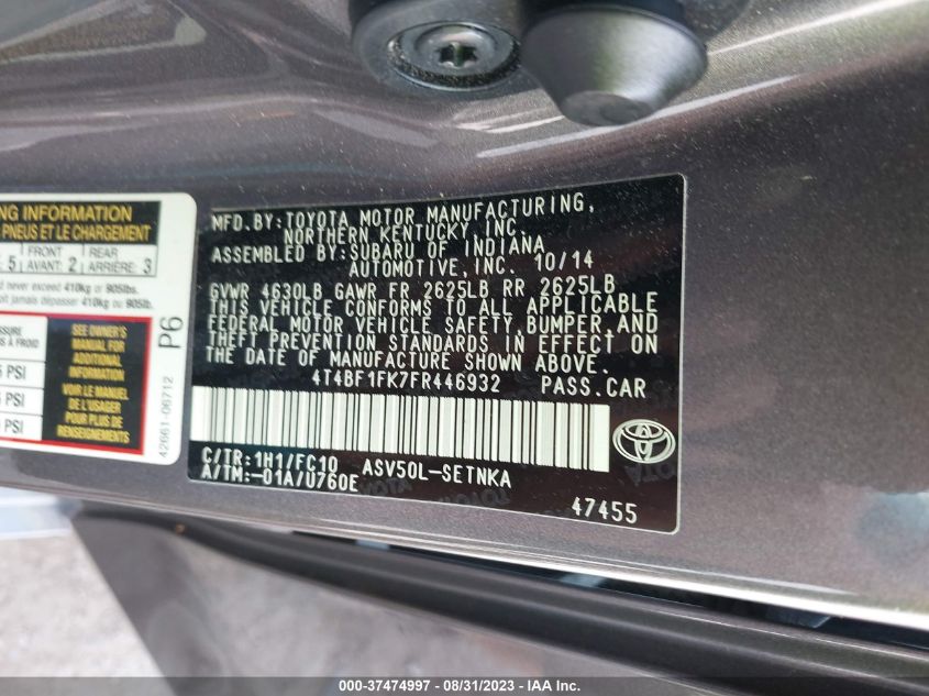 2015 TOYOTA CAMRY XLE/SE/LE/XSE - 4T4BF1FK7FR446932