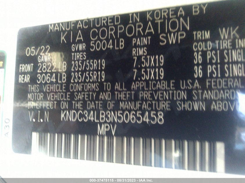 2022 KIA EV6 LIGHT KNDC34LB3N5065458