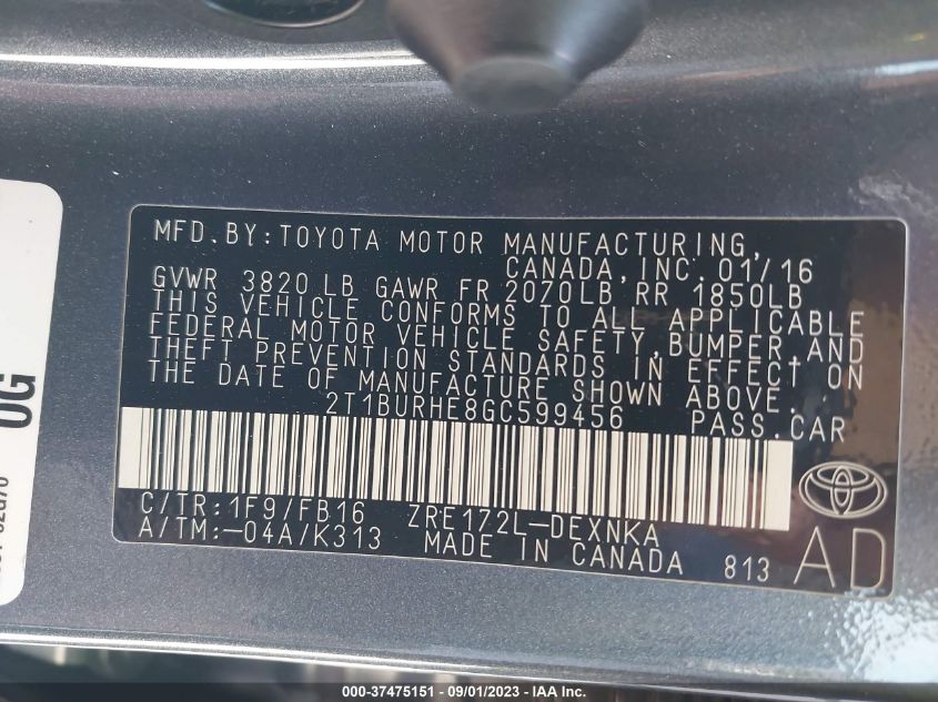 2016 TOYOTA COROLLA L/LE/S/S PLUS/LE PLUS - 2T1BURHE8GC599456
