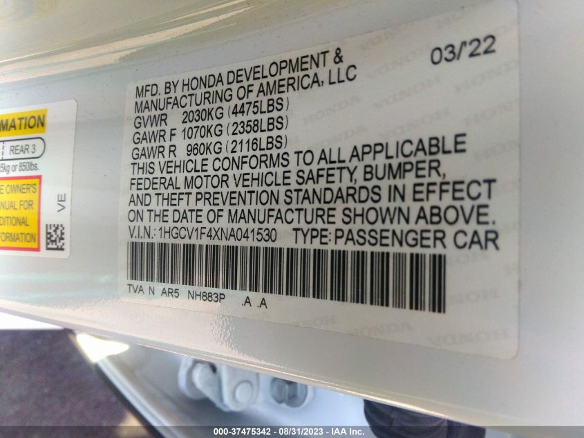 2022 HONDA ACCORD SEDAN SPORT SE - 1HGCV1F4XNA041530