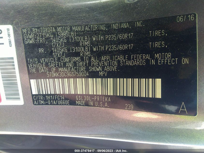 2016 TOYOTA SIENNA LE - 5TDKK3DC9GS759004