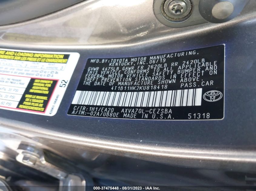 2019 TOYOTA CAMRY LE/SE/XLE/L - 4T1B11HK2KU818418