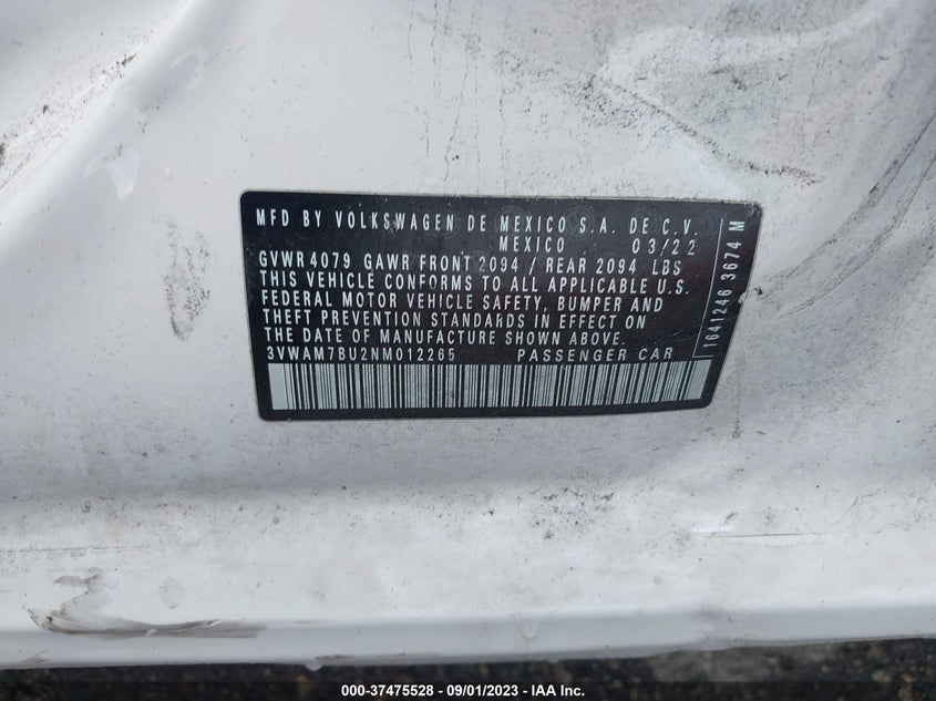 VIN 3VWAM7BU2NM012265 2022 VOLKSWAGEN JETTA SPORT