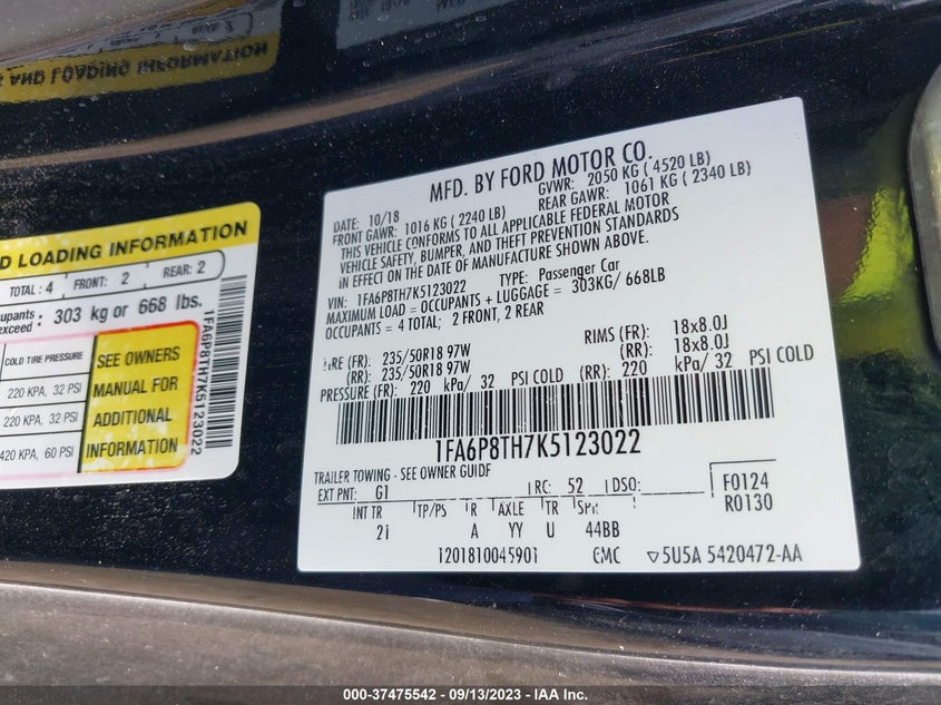 VIN 1FA6P8TH7K5123022 2019 FORD MUSTANG ECOBOOST
