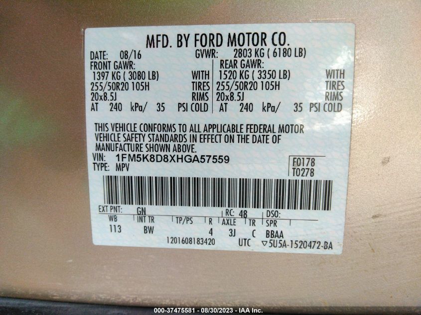 2017 FORD EXPLORER XLT - 1FM5K8D8XHGA57559