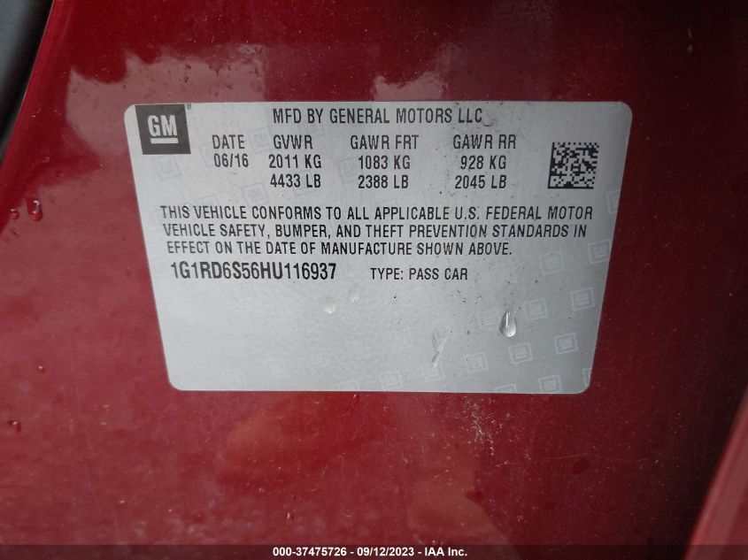 2017 CHEVROLET VOLT PREMIER - 1G1RD6S56HU116937