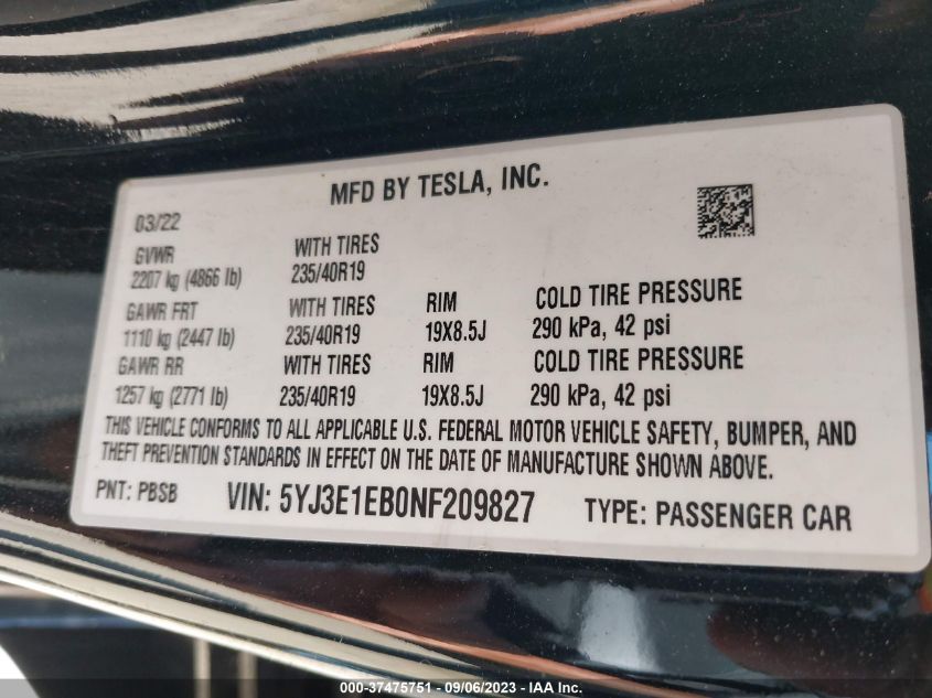 2022 TESLA MODEL 3 LONG RANGE - 5YJ3E1EB0NF209827