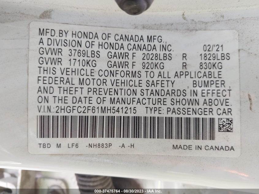 VIN 2HGFC2F61MH541215 2021 HONDA CIVIC SEDAN LX
