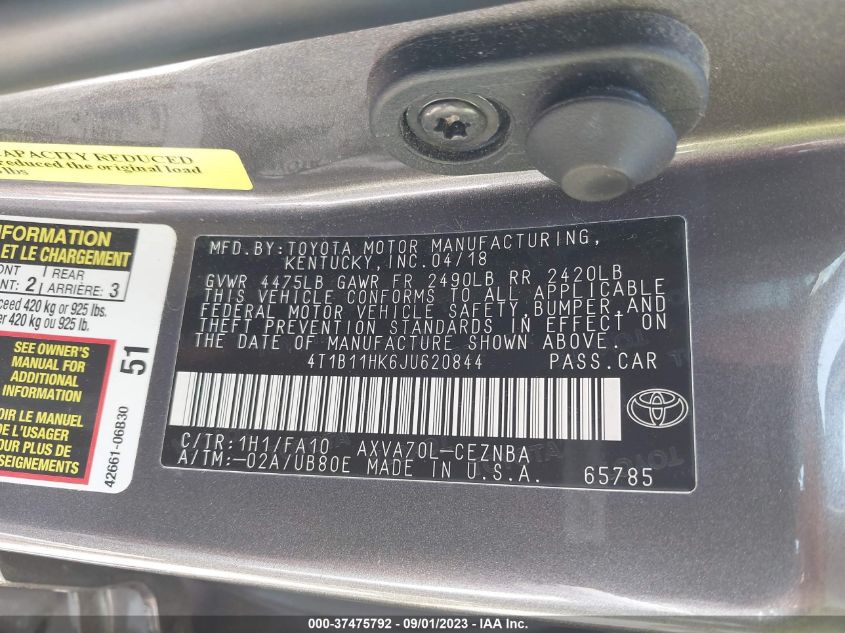 2018 TOYOTA CAMRY LE/SE/XLE/L - 4T1B11HK6JU620844