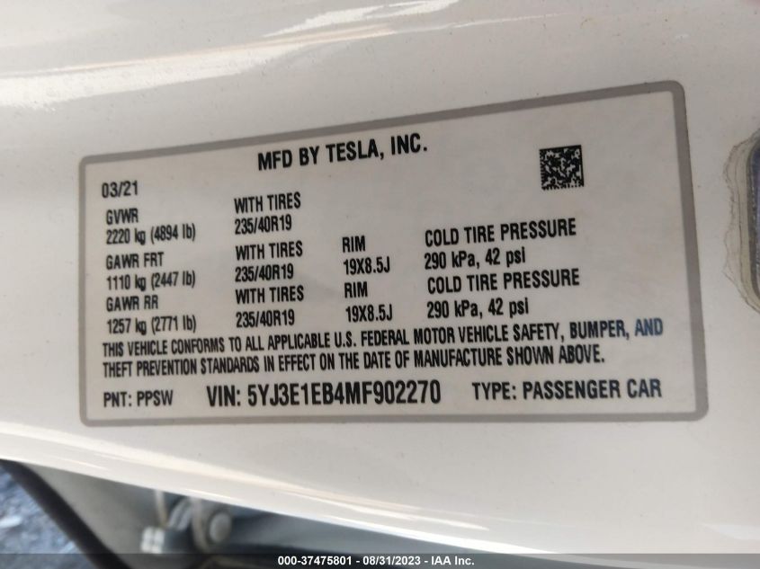 2021 TESLA MODEL 3 LONG RANGE - 5YJ3E1EB4MF902270