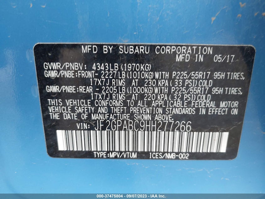 VIN JF2GPABC9HH277266 2017 SUBARU CROSSTREK PREMIUM