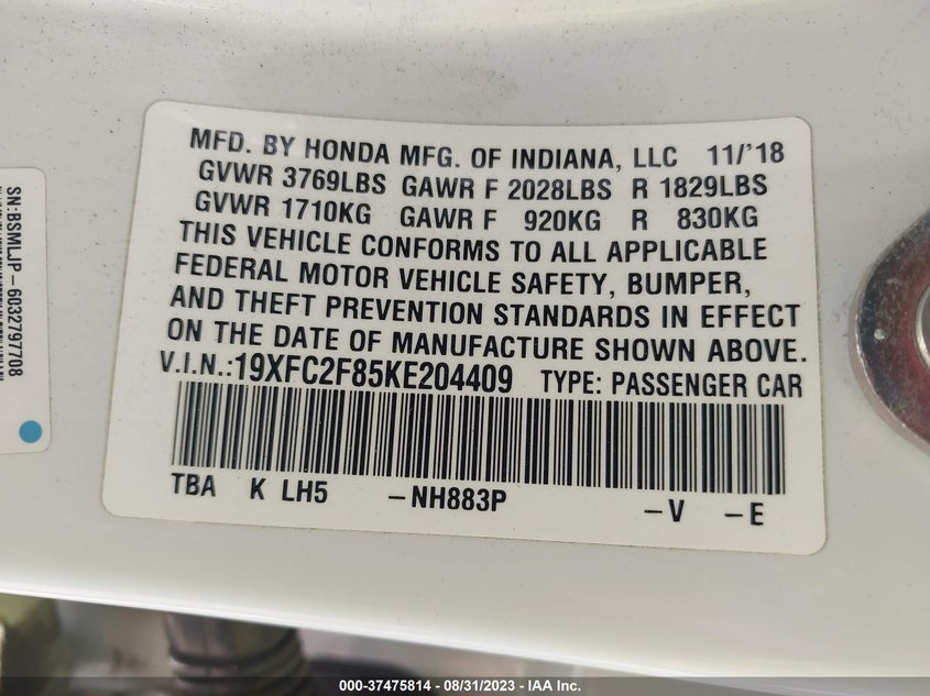 VIN 19XFC2F85KE204409 2019 HONDA CIVIC SEDAN SPORT