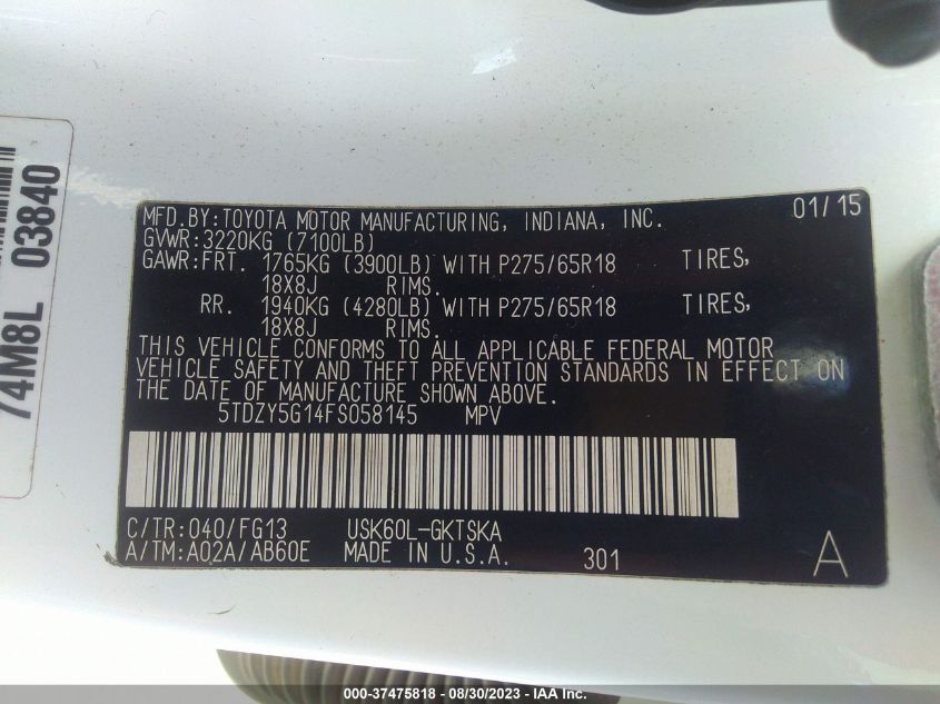 2015 TOYOTA SEQUOIA SR5 - 5TDBW5G14FF058145