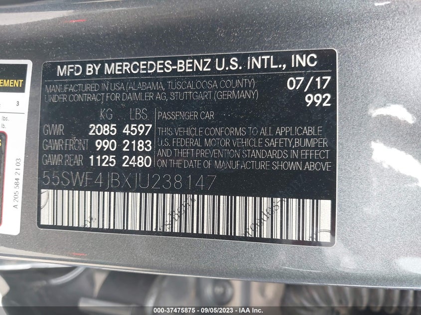 VIN 55SWF4JBXJU238147 2018 MERCEDES-BENZ C-CLASS C 300