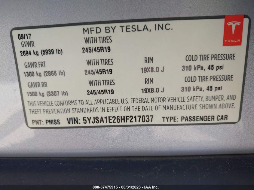2017 TESLA MODEL S - 5YJSA1E26HF217037