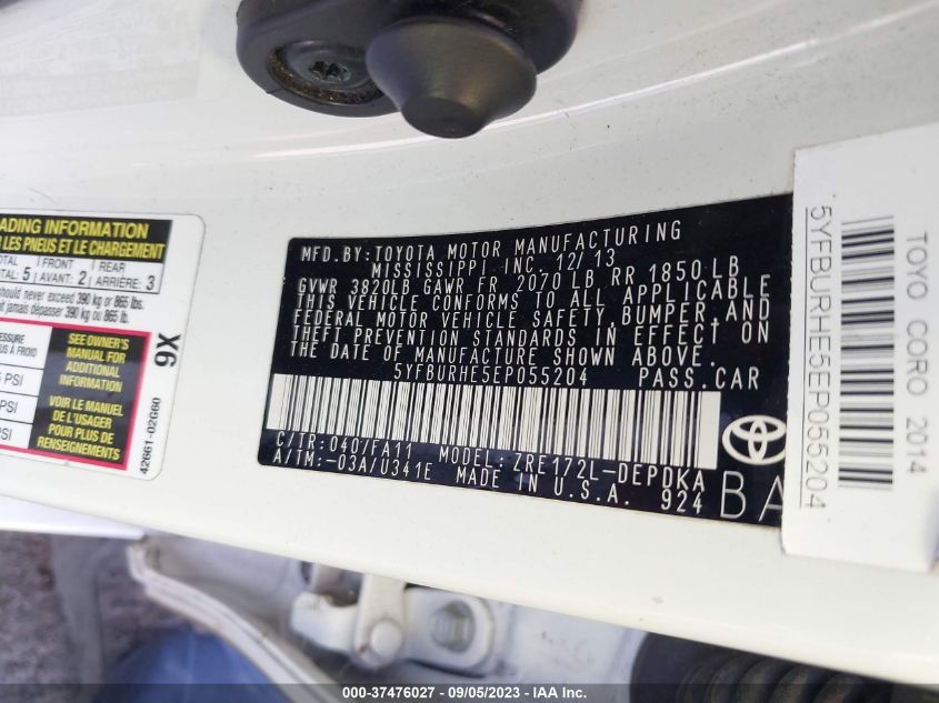 2014 TOYOTA COROLLA L/LE/S/S PLUS/LE PLUS - 5YFBURHE5EP055204