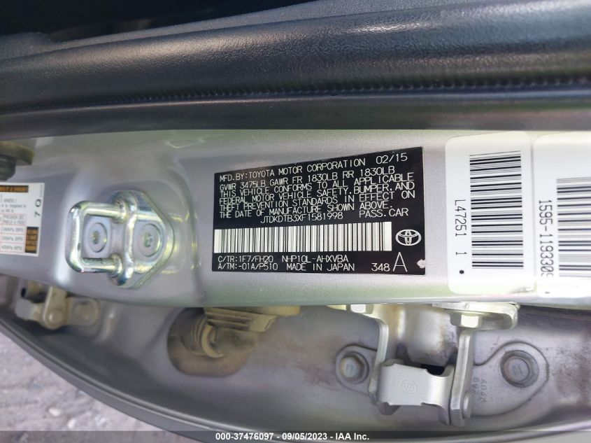 2015 TOYOTA PRIUS C ONE/TWO/THREE/FOUR - JTDKDTB3XF1581998