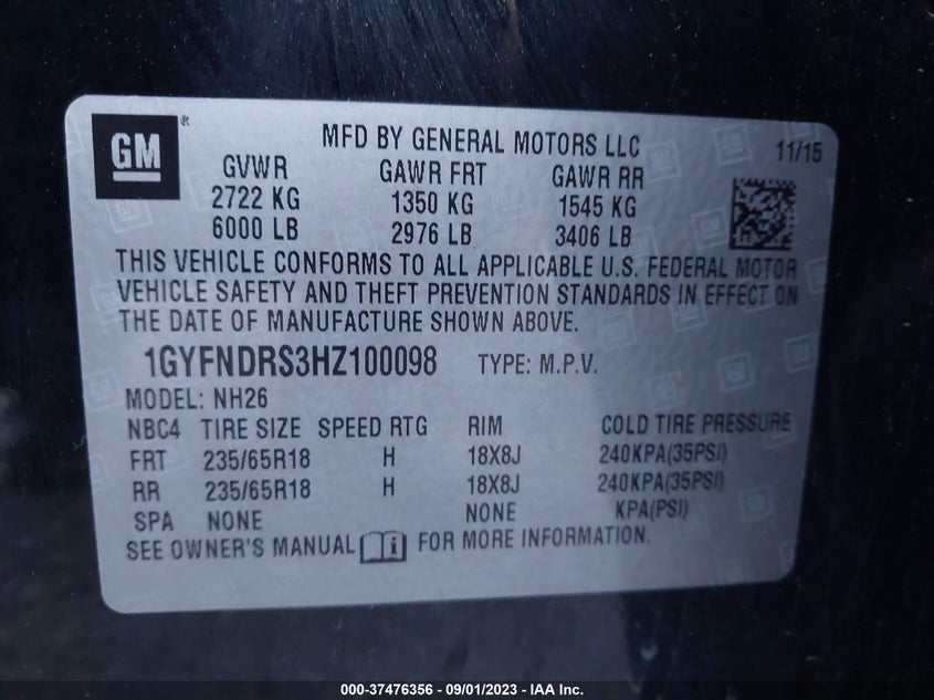 VIN 1GYFNDRS3HZ100098 2017 CADILLAC XT5 LUXURY