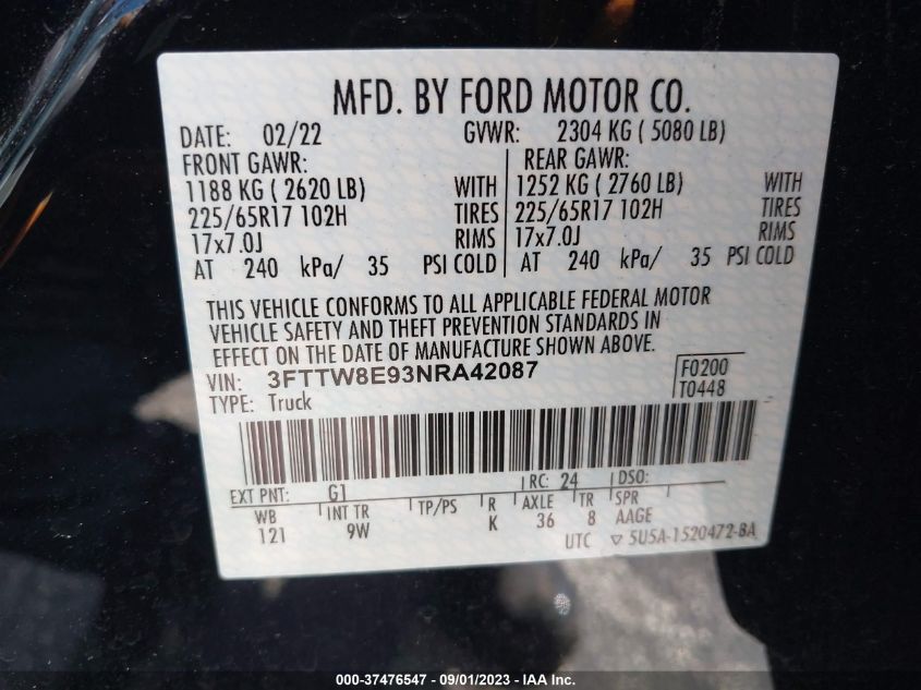 2022 FORD MAVERICK XL/XLT/LARIAT - 3FTTW8E93NRA42087