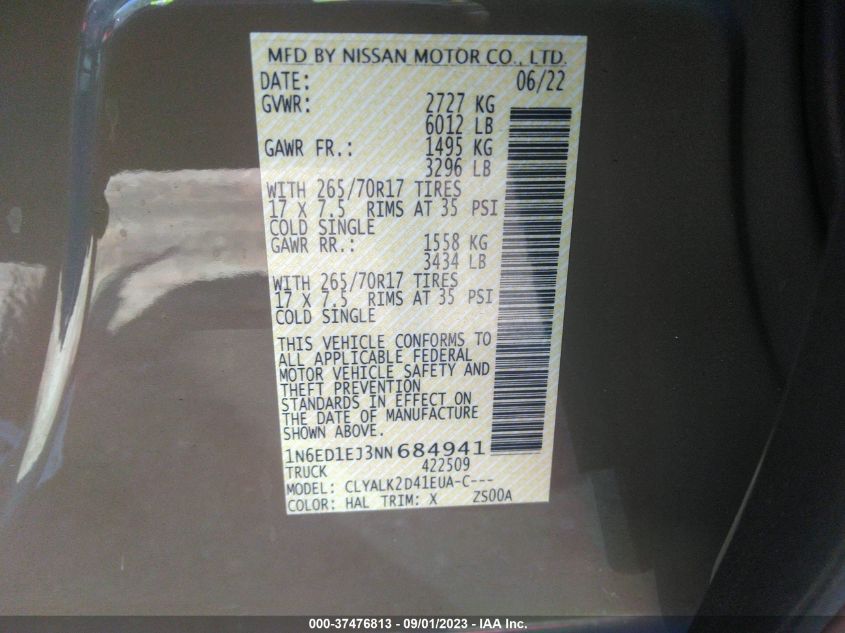 2022 NISSAN FRONTIER S/SV/PRO-X - 1N6ED1EJ3NN684941