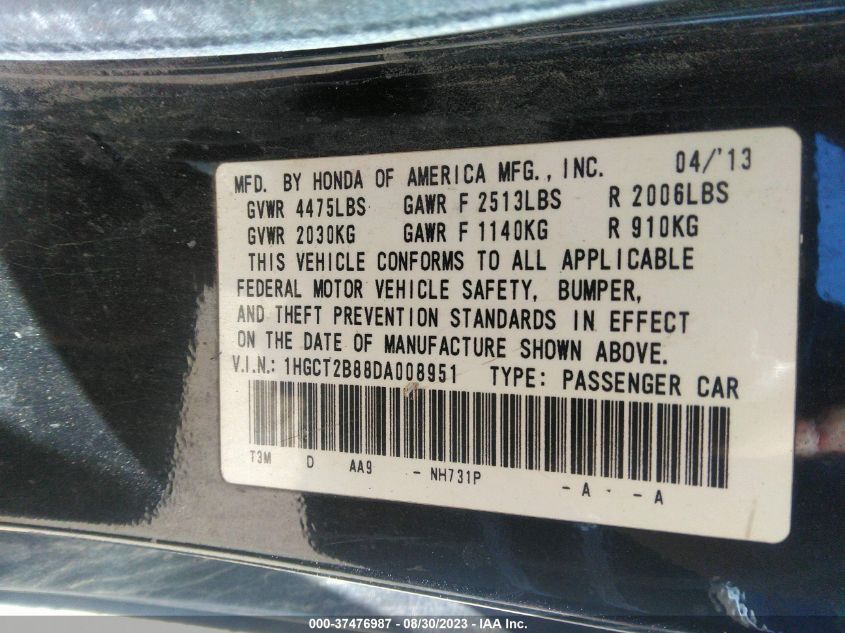 2013 HONDA ACCORD EX-L V-6 - 1HGCT2B88DA008951