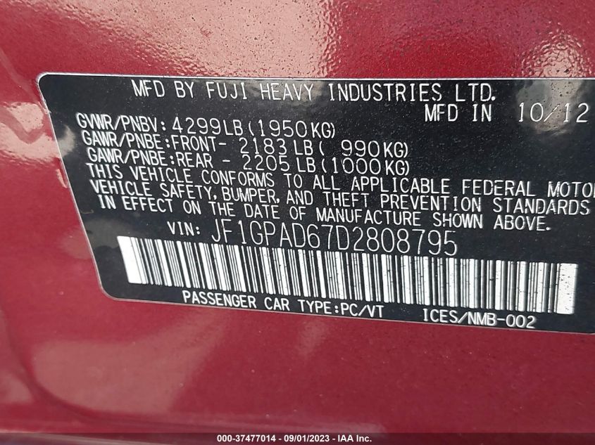 2013 SUBARU IMPREZA WAGON 2.0I PREMIUM - JF1GPAD67D2808795