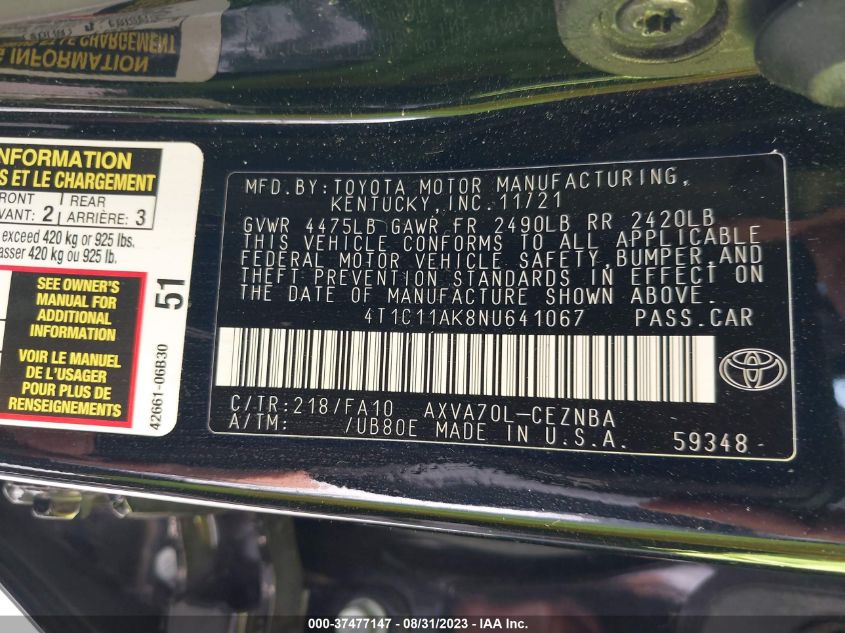 2022 TOYOTA CAMRY LE - 4T1C11AK8NU641067