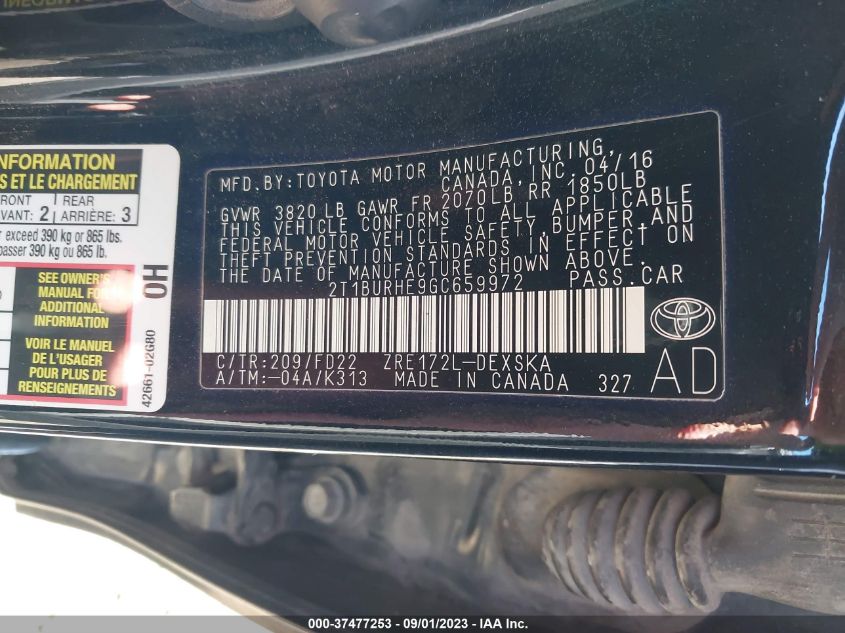 2016 TOYOTA COROLLA L/LE/S/S PLUS/LE PLUS - 2T1BURHE9GC659972