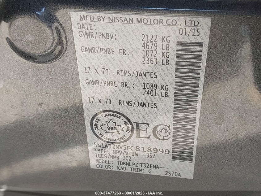 2015 NISSAN ROGUE SV/SL/S - 5N1AT2MV5FC818999
