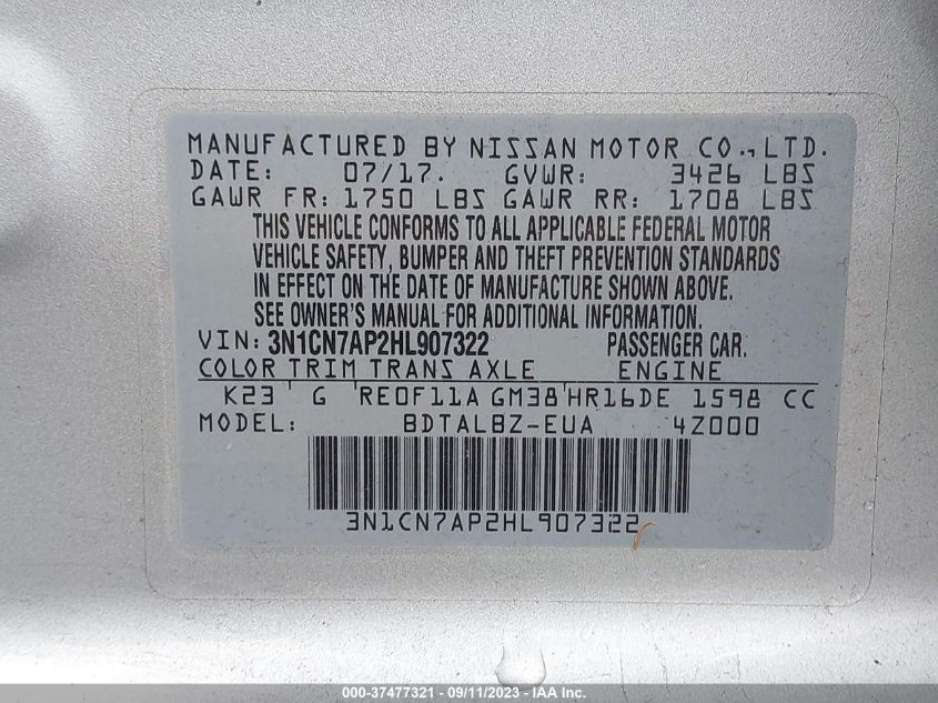 2017 NISSAN VERSA 1.6 SV - 3N1CN7AP2HL907322