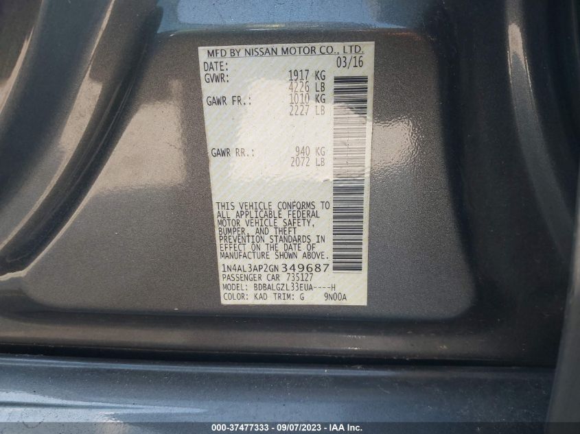 2016 NISSAN ALTIMA 2.5/S/SV/SL/SR - 1N4AL3AP2GN349687