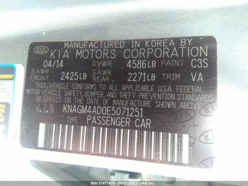 2014 KIA OPTIMA HYBRID LX - KNAGM4AD0E5071251