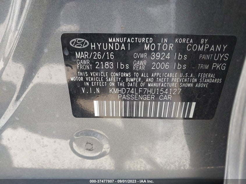 VIN KMHD74LF7HU154127 2017 HYUNDAI ELANTRA SE