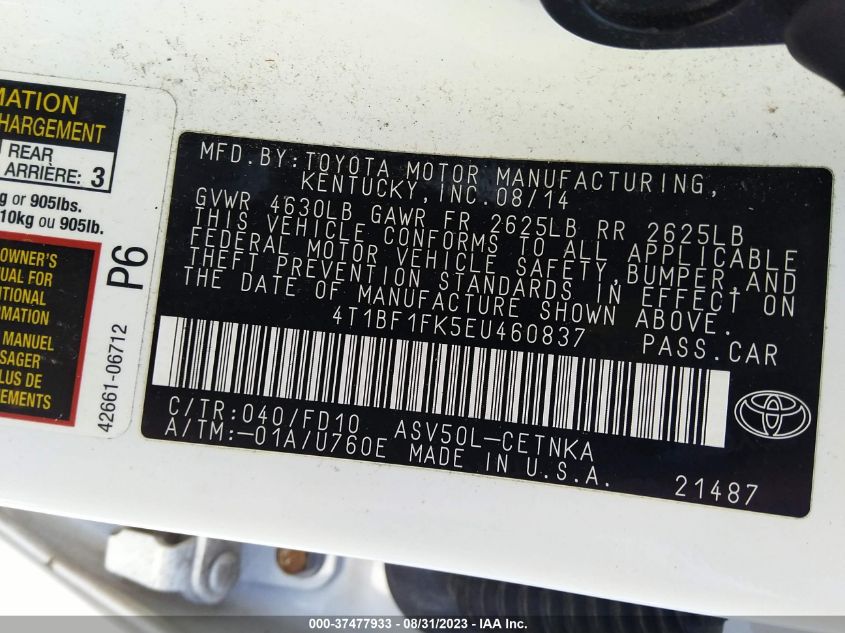 2014 TOYOTA CAMRY L/LE/XLE/SE/SE SPORT - 4T1BF1FK5EU460837