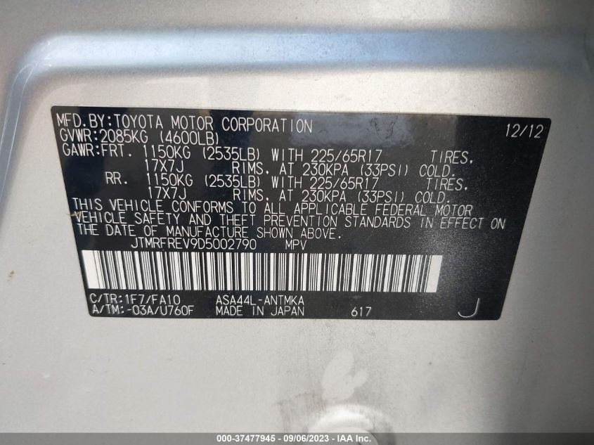 2013 TOYOTA RAV4 XLE - JTMRFREV9D5002790