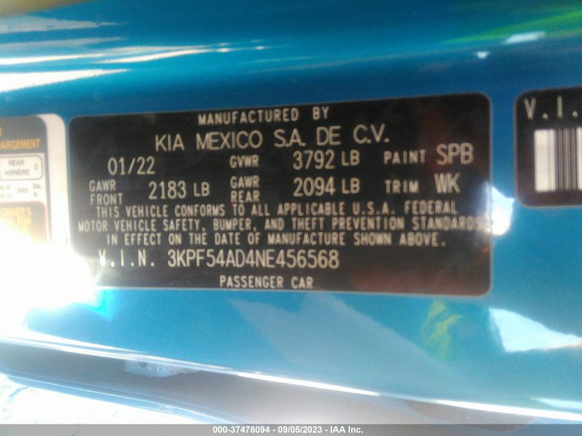 2022 KIA FORTE GT LINE - 3KPF54AD4NE456568