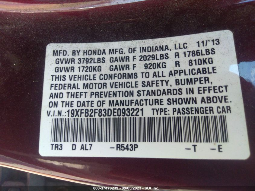 2013 HONDA CIVIC SDN EX - 19XFB2F83DE093221