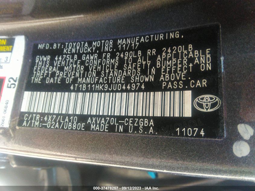 2018 TOYOTA CAMRY LE/SE/XLE/L - 4T1B11HK9JU044974