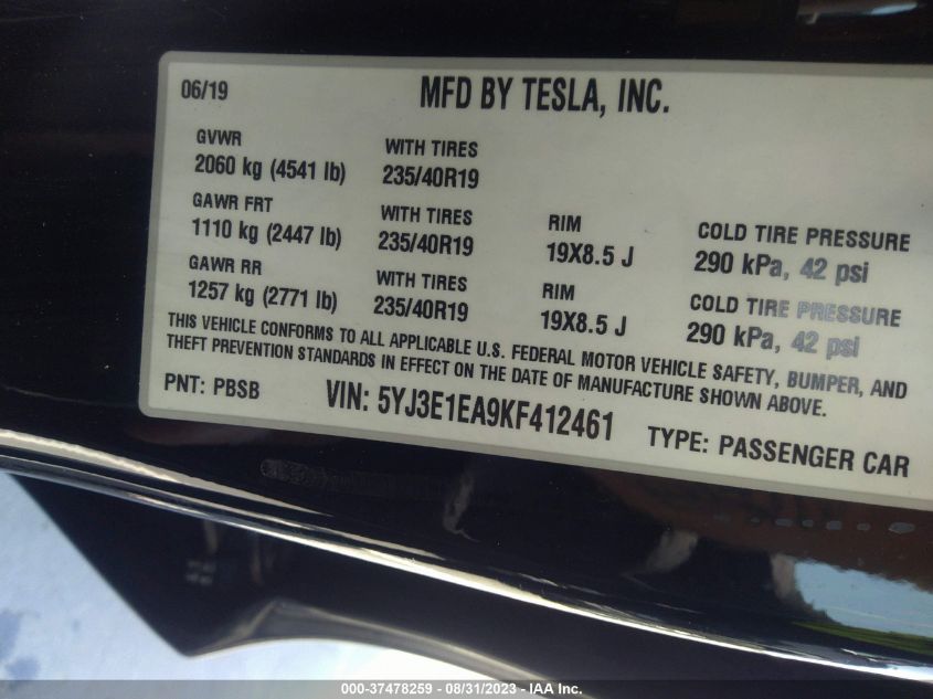 2019 TESLA MODEL 3 - 5YJ3E1EA9KF412461