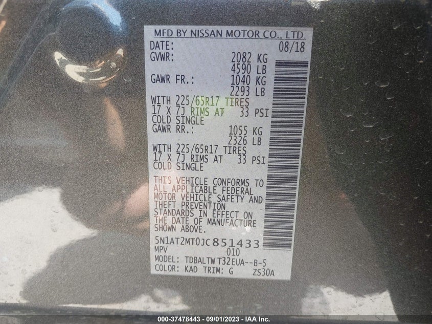 VIN 5N1AT2MT0JC851433 2018 NISSAN ROGUE S/SL