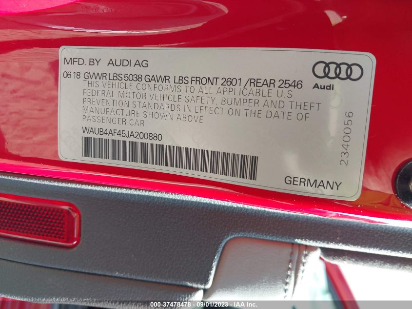 2018 AUDI S4 PREMIUM PLUS WAUB4AF45JA200880