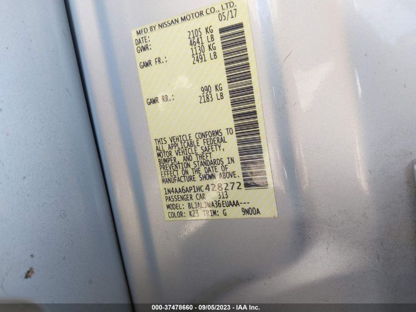 2017 NISSAN MAXIMA SV - 1N4AA6AP1HC428272