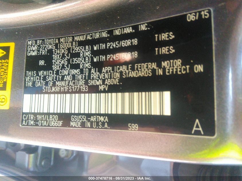 2015 TOYOTA HIGHLANDER XLE - 5TDJKRFH1FS177193