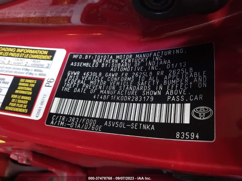 2013 TOYOTA CAMRY L/LE/SE/XLE - 4T4BF1FK0DR283179